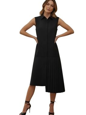 NWT OAK NYC La Mirada Long Asymmetrical Knife Pleat Shirt Dress Size M Silk